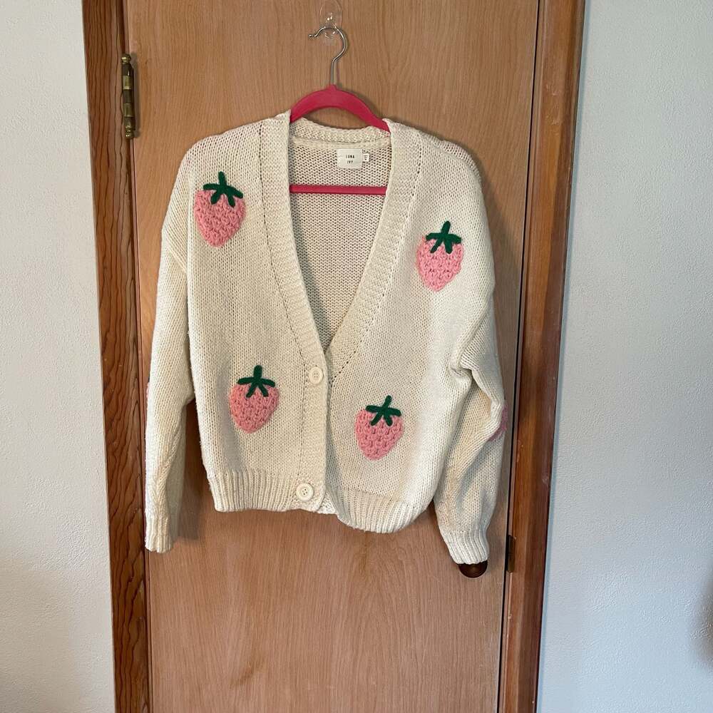 Anthropologie Strawberry Embroidered Sweater Cardigan